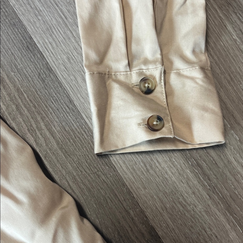 Bershka Beige Stone Fitted Waist Long Sleeve Shirt Dress XS Tie Back Button Down - Picture 3 of 6